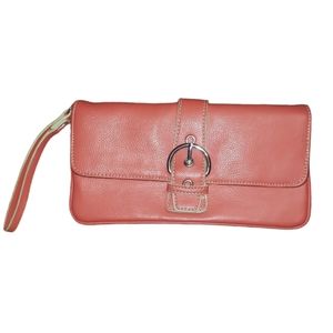 New York & Company Buckle Detailing Faux Pebbled Leather Coral Clutch Wristlet